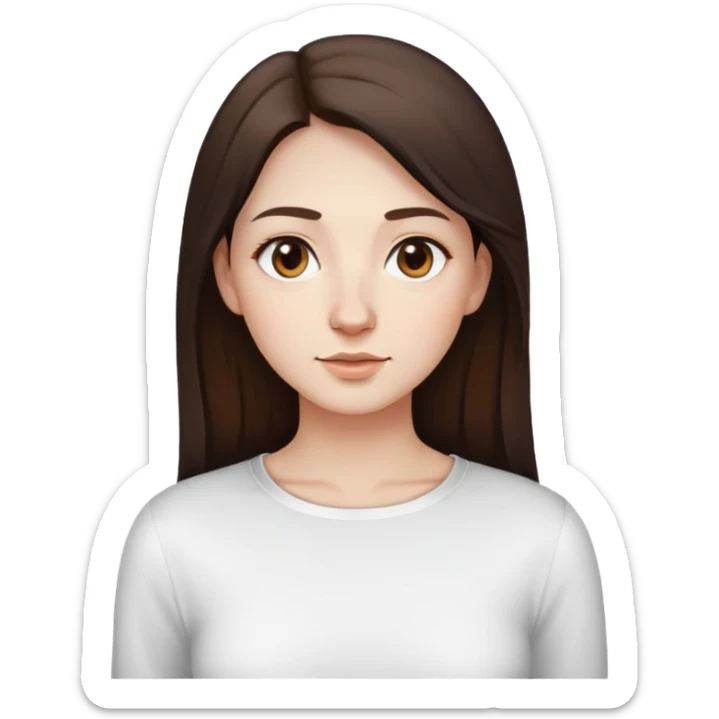 A woman with a round face, pale, light skin, big round nose, a white long sleeve shirt with a square shape cut in the t shirt near the neck area, and long dark brown hair and brown eyes  sticker