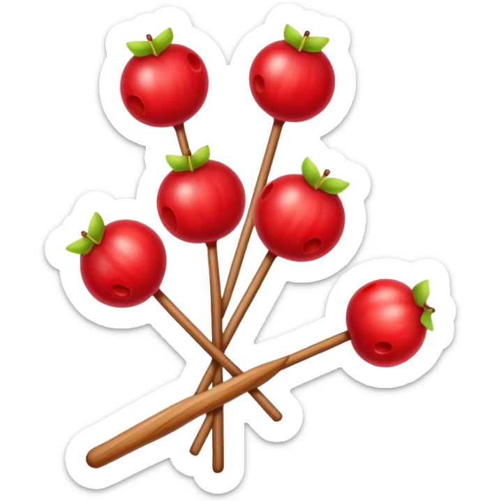 Candied hawthorn fruits on wooden stick Tanghulu, simplified emoji style with bold outlines and bright colors, cartoon style shiny red Chinese sweet sticker