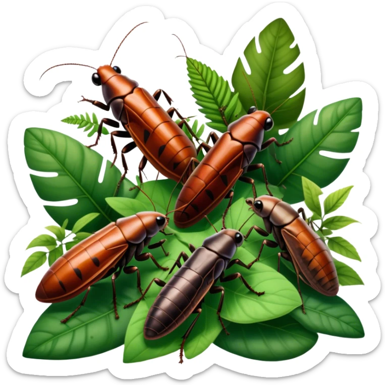 Close-up of giant Madagascar hissing cockroaches, butterflies, and stick insects in their natural habitat. The insects are shown in detail, highlighting their unique textures and colors, surrounded by plants and leaves. Soft lighting to enhance their features. Transparent background. sticker