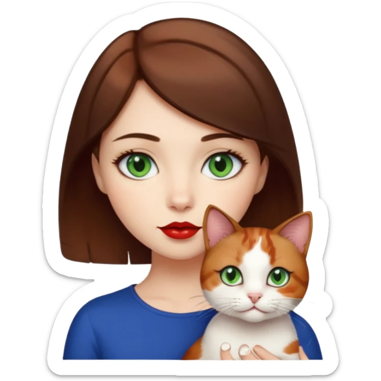Short brown haired girl with dark blue eyes and red lips holding a calico cat with green eyes sticker