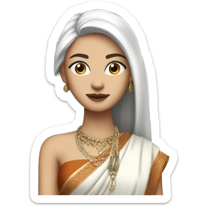 hair straight, white face colour, slender face, wearing a trendy saree and accessories, full body, sharp jawline, edgy sticker