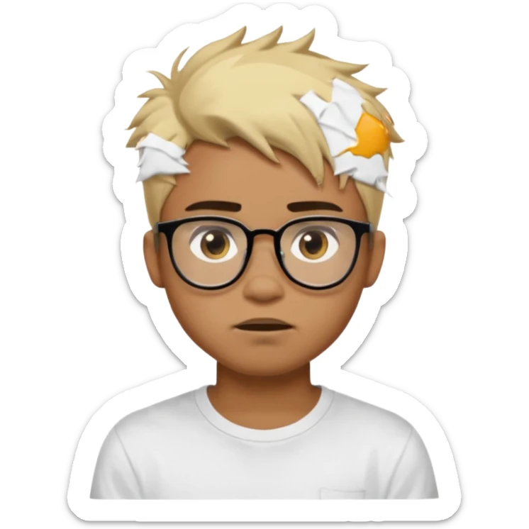 Teenager. Short buzz, messy blonde hair. Dark brown bushy eyebrows large expressive golden-brown eyes, brown skin color, scar over nose, wearing a plain white t-shirt. wearing clear thick black glasses. 20 year old male. wacky facial expression. brown skin color.  sticker