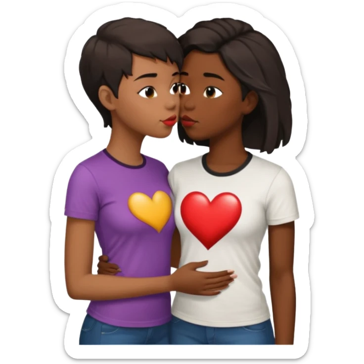 Black lesbian couple with one dark skin masculine with short haircut with a t shirt and one feminine with long hair in a blouse kissing sticker