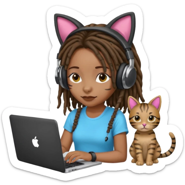 black girl with dreads who works remotely through a laptop with headphones that have plastic cat ears connected to the headphones.  sticker