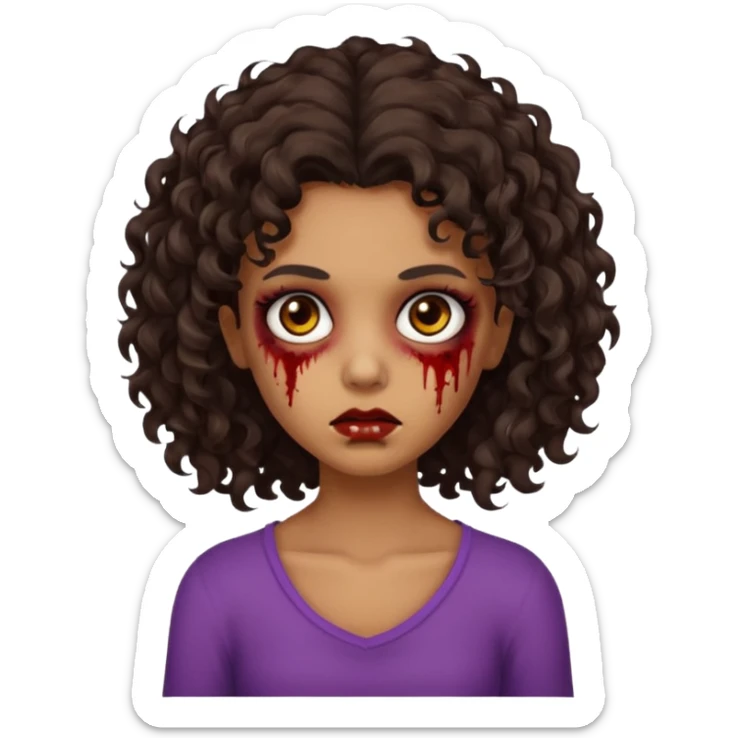 Faça uma garota zombie de cabelo cacheado castanho, olhos castanhos escuro e pele parda com o cabelo menos volumoso e no ombro sticker