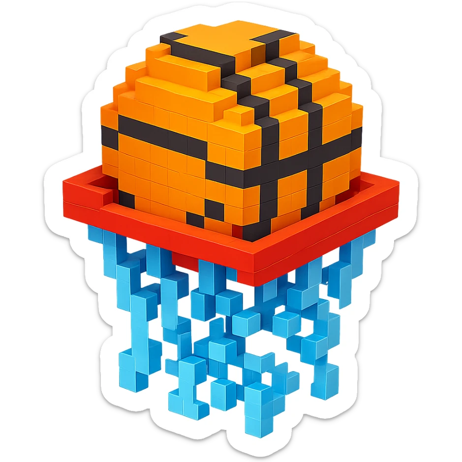 Voxel-style basketball in a net, variation 5 sticker