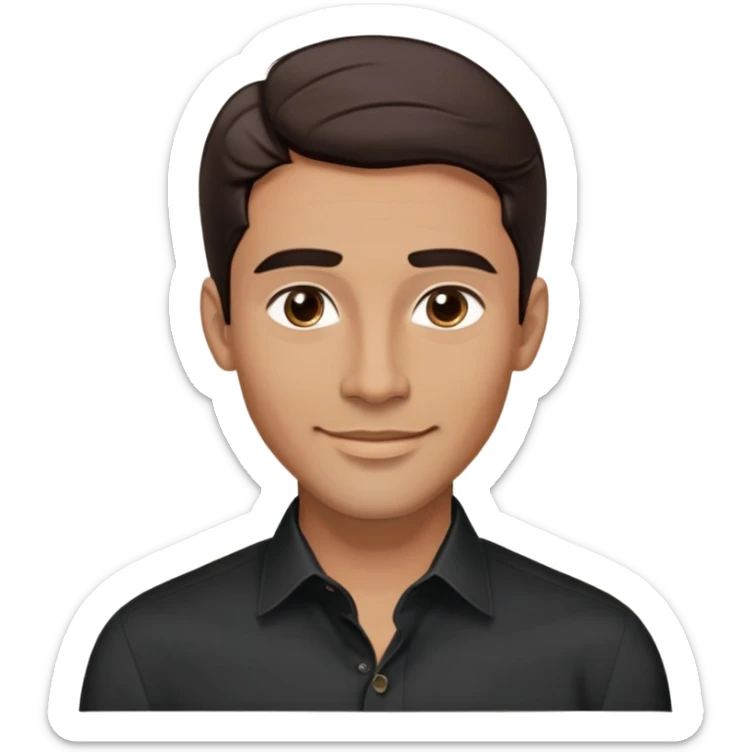 Attractive man in his 40s with youthful appearance, light brown skin, elongated face, defined jawline, handsome features, medium dark eyes, arched eyebrows, straight nose, confident smile, medium wavy dark hair, wearing a formal black button-up shirt sticker