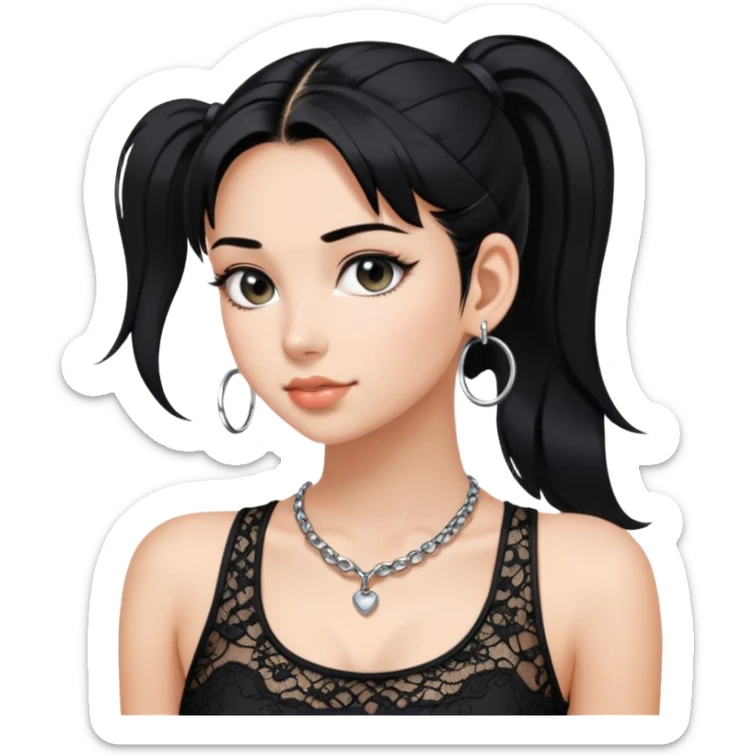 Y2K girl with black hair and ponytail black lace tank top silver hoop earrings and necklace  sticker
