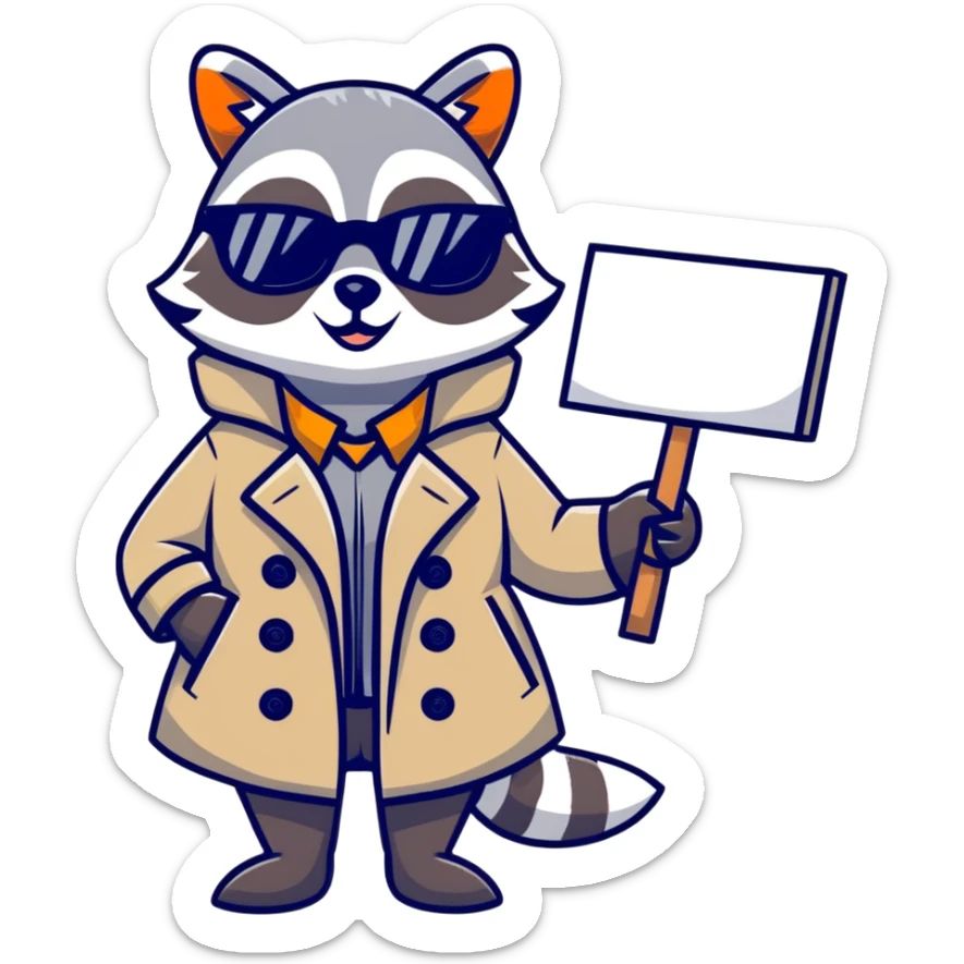 Female raccoon in a trench coat and sunglasses holding a big blank sign   sticker