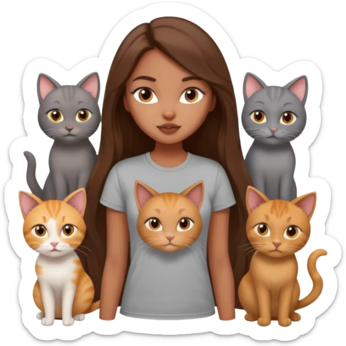 a pretty bratz dusky girl with long brown hair with six cats nd wearing a grey tshirt sticker
