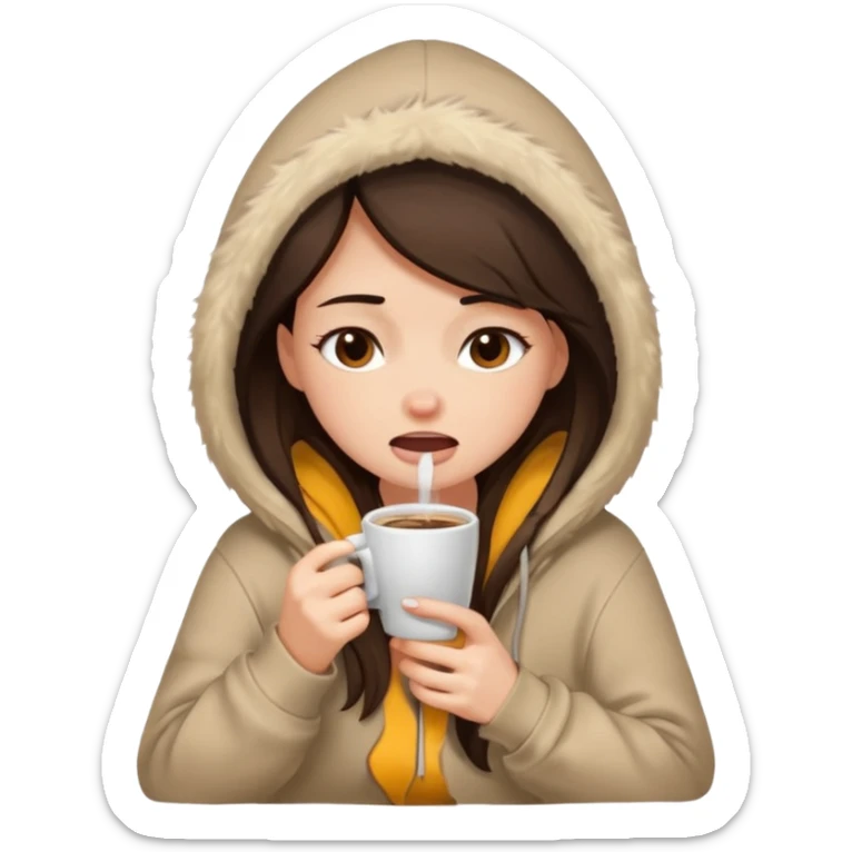 a brunette girl sitting cozily in a beige fur hoodie sipping coffee while crying sticker