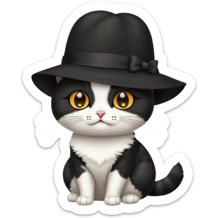 Chat blanc avec des tâches noir en costume, neud papillon et chapeau. sticker