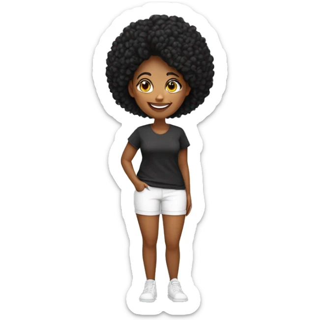 mulher, 54 anos, fath, feliz, cabelo liso preto, na altura do ombro, olhos castanhos, vestindo calça leg e camiseta  preta sticker