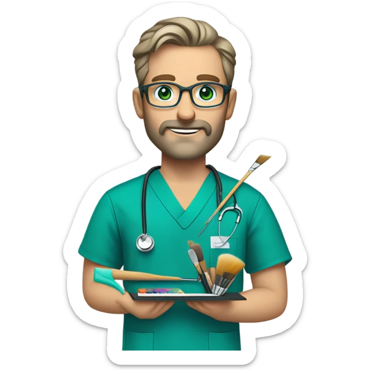 male dark blond with grey beard doctor with blue-green eyes and wire-rimmed glasses in teal scrubs holding a paintbrush and a paint palette sticker