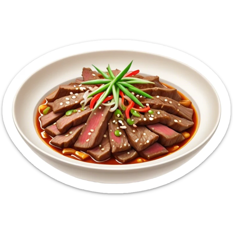 Bulgogi Cinematic Realistic Bulgogi Dish Emoji, depicted as thinly sliced, marinated beef stir-fried to perfection, rendered with dynamic textures and vibrant, appetizing lighting. sticker