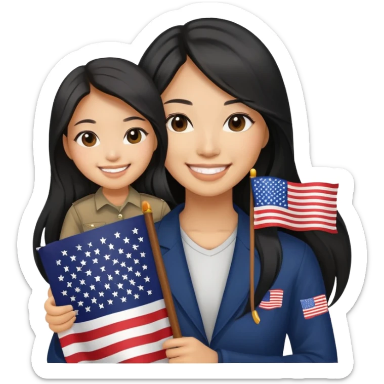 Asian woman smiling, black and long hair, holding an American flag sticker