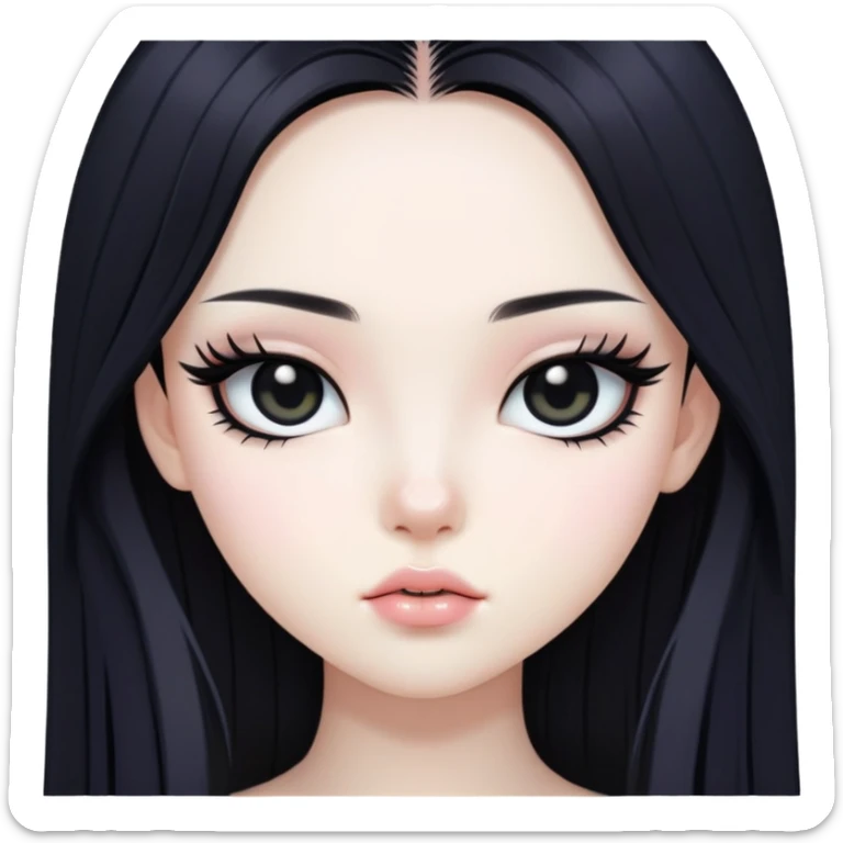 straight black long hair, korean pale skin skin, black iris, pretty bratz baddie, black eyeliner sticker