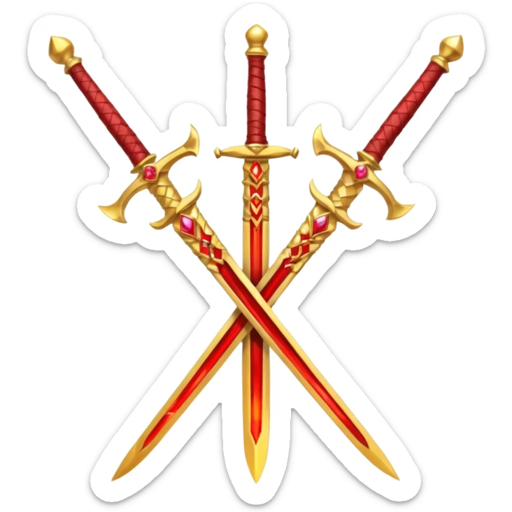 Two crossed swords that are golden in blade and handle and have fiery and royal appearence to them as well as red gem stones yellow in color sticker