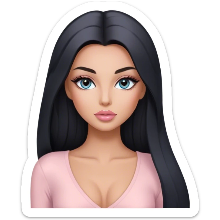 Glamours, tanned, very beautiful girl, with big pump peach-beige-rose lips, long long lashes, black straight smooth silky long hair, straight parting hair, blue-grey eyes in light pink long-sleeves v-neck bodysuit sticker