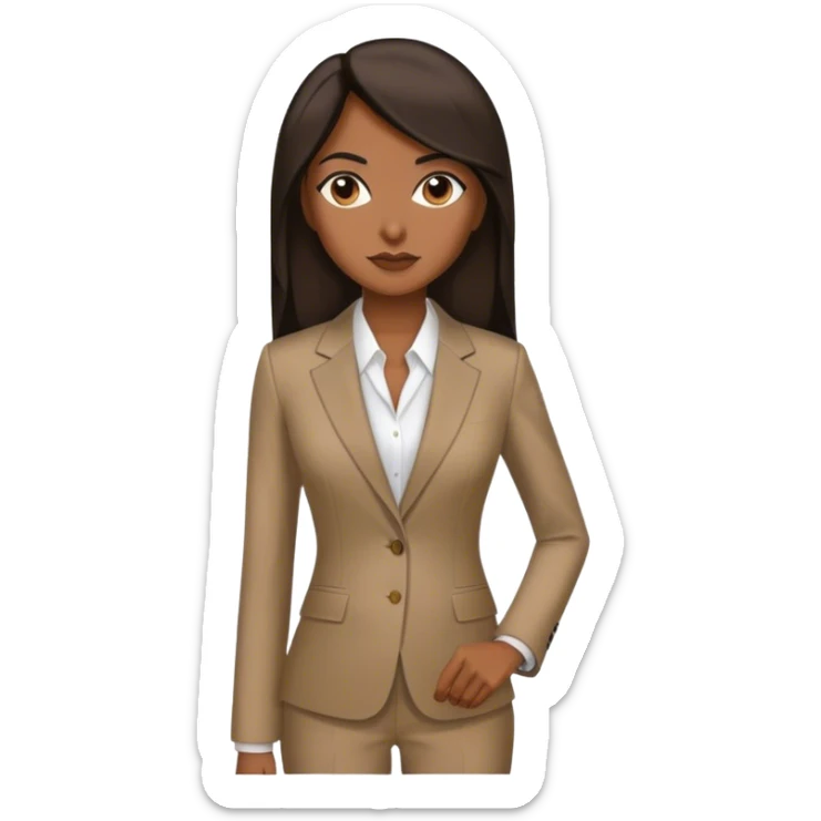 dark brown woman with dark brown long straight hair in an executive tan suit  sticker