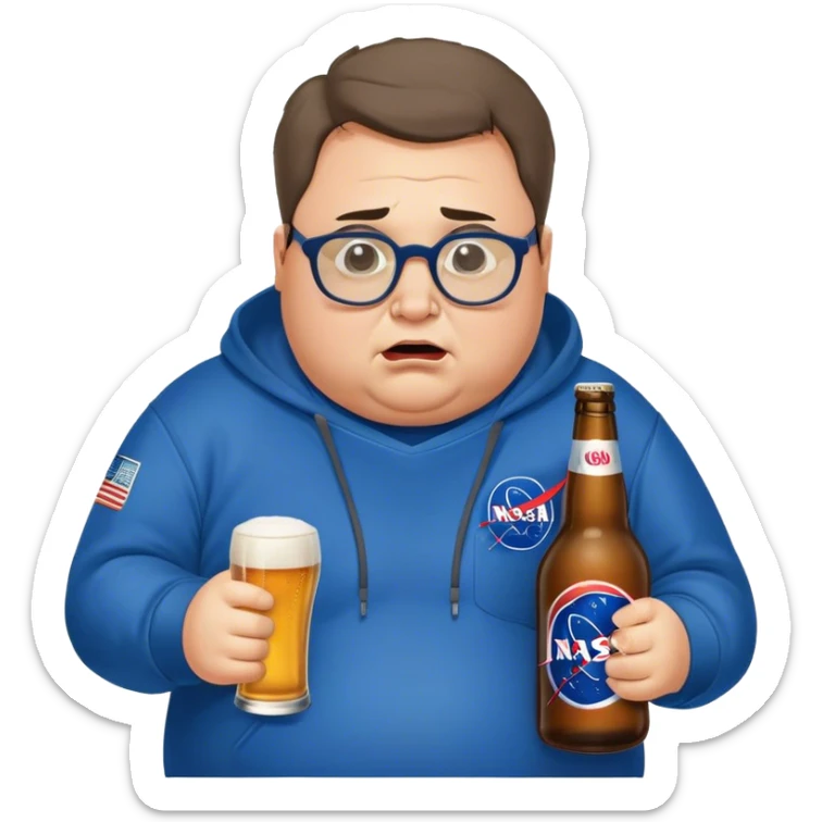  chubby weepy salesperson, beer bottle, complaining, not much hair, blue nasa sweatshirt, with glasses, 40 years old sticker