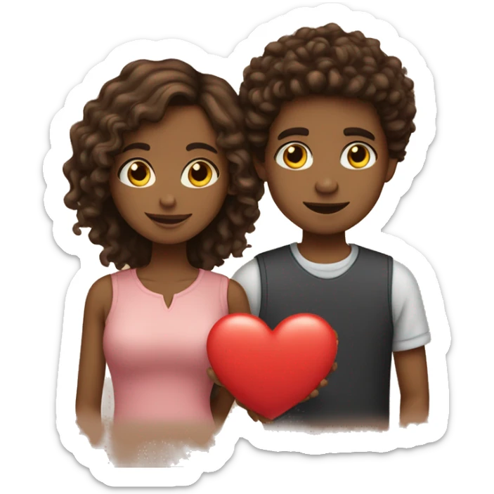 brown girl with straight hair and brown boy with curly hair holding heart together sticker