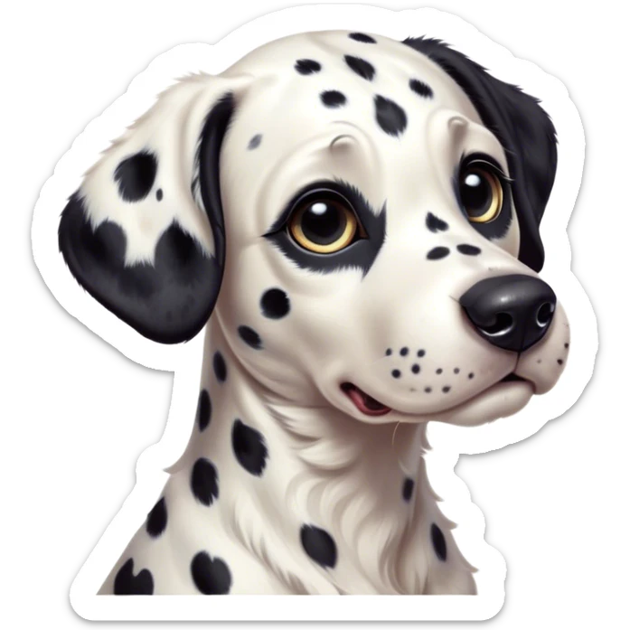 Cinematic Cute Spotted Dalmatian Portrait Emoji, Head tilted playfully and inquisitively, featuring a glossy Fur of predominantly white with dynamic black patches, round, sparkling eyes filled with gentle curiosity, Simplified yet irresistibly adorable features, highly detailed, glowing with a warm, friendly glow, high shine, affectionate and gentle, stylized with a touch of whimsy, bright and endearing, soft glowing outline, capturing the essence of a mischievous yet loving pup, so playful it feels like it could lumber out of the screen and into your arms! sticker