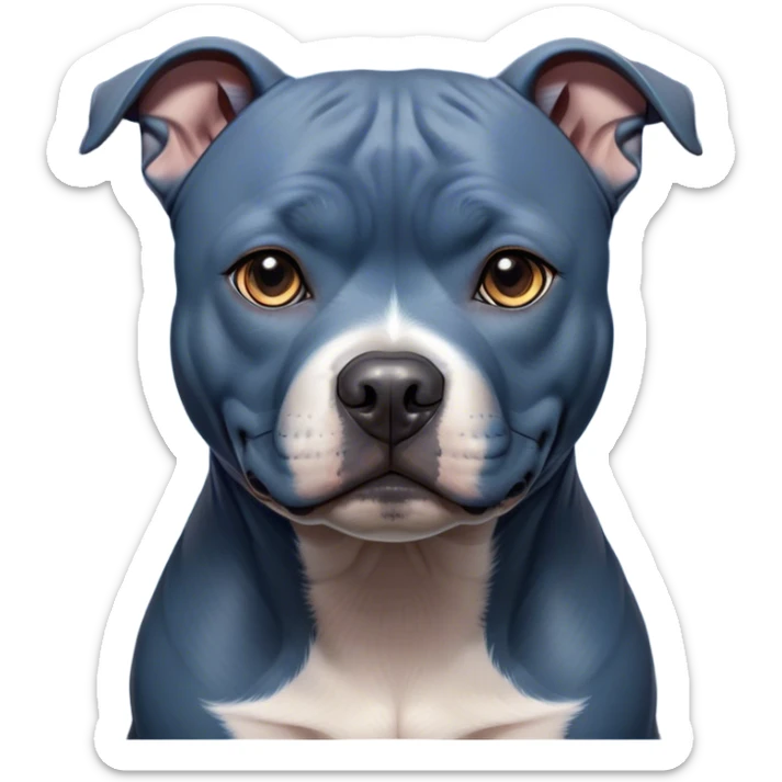 Cinematic Noble Blue Staffordshire Bull Terrier Portrait Emoji, Poised and regal, with a compact, muscular build and a sleek, well-groomed blue Fur, deep-set soulful dark eyes, Simplified yet sharp and sophisticated features, highly detailed, glowing with a soft, dignified glow, high shine, intelligent and loyal, stylized with an air of strength, focused and attentive, soft glowing outline, capturing the essence of a watchful and confident guardian, so majestic it feels as though it could stride out of the screen with effortless authority! sticker