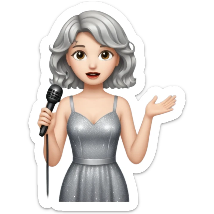 A short wavy female singer in sparkling dress holding a mic with emotional expression sticker