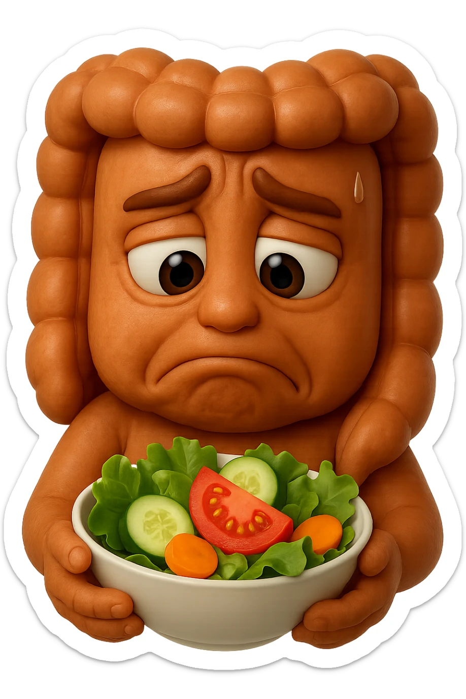 EMOJI STILE IPHONE DI UN INTESTINO UMANO ANATOMICO CHE GUARDA UN INSALATA CON ESPRESSIONE TRISTE E RASSEGNATA IN VOLTO: SOFFRE LA FAME PERCHé è A DIETA, FAGLI ANCHE LA PARTE BIANCA DEGLI OCCHI, NON SOLO LE PUPILLE, IPERREALISTICO 4K sticker