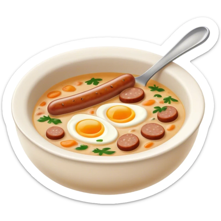 Cinematic Realistic ≈ªurek Soup Dish Emoji, depicted as a tangy, creamy rye soup with sausage and egg rendered with detailed textures and warm, comforting lighting. sticker