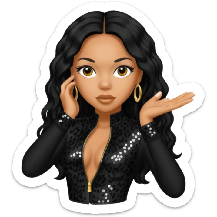 Kiely Williams from 3lw/Cheetah Girls with long jet black hair, black sequin outfit sticker