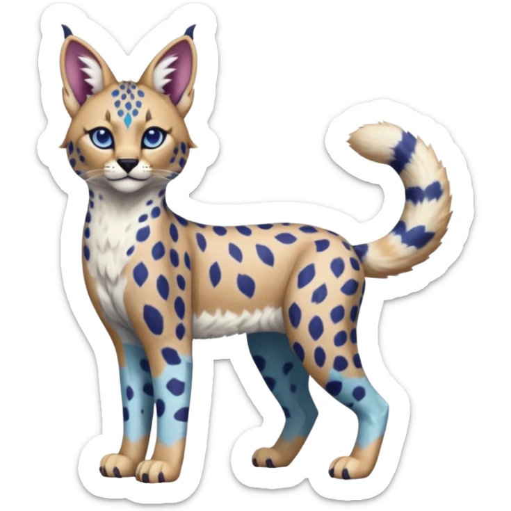 Colorful bluish cute adorable tropical exotic fruity blueberry-themed rosy Caracal-Cheetah-Serval-Snow-Leopard-Trico-Sergal-Vernid-fusion-hybrid-animal-creature, full body, with tribal markings sticker