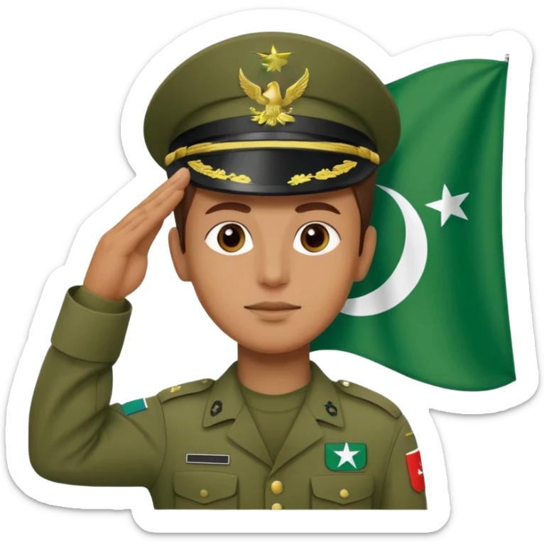 soldier saluting in front of the flag of Pakistan with the flag waving sticker