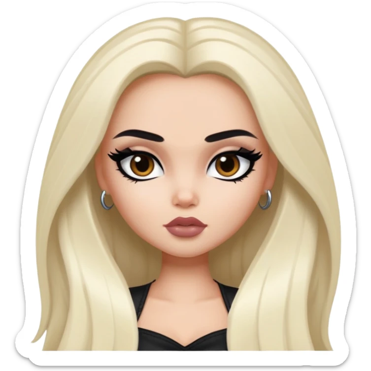 pretty bratz baddie, black eyeliner, medium white skin, jet-black long hair, dark brown eyes sticker