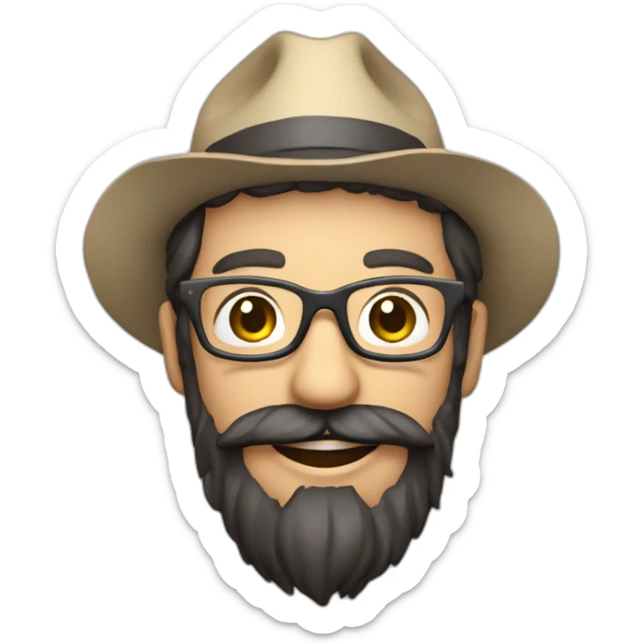 happy smile gardener face long dark beard and very short dark hair with little transparent glasses and a hat sticker