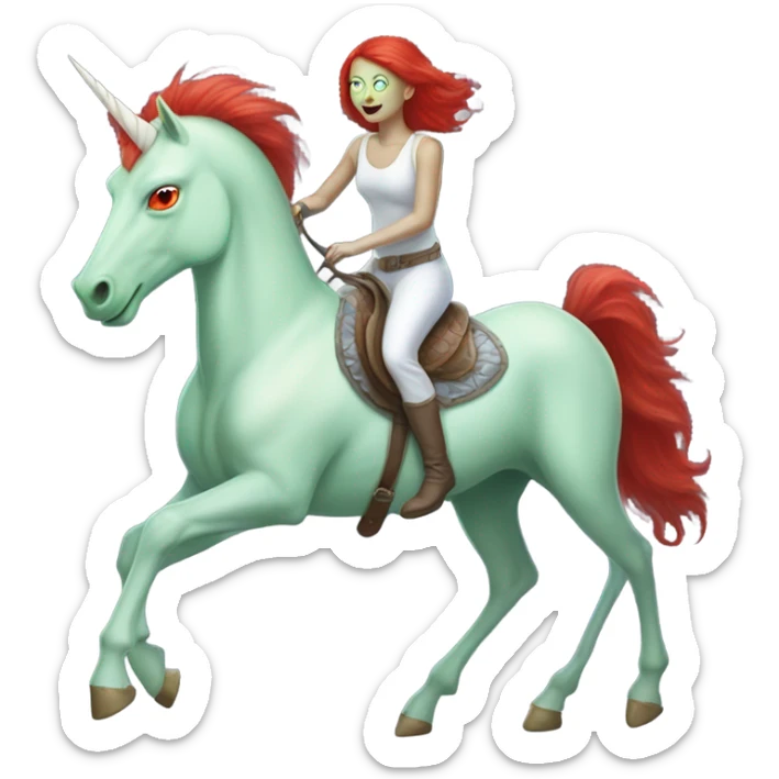 [politically incorrect
	{ woman: alien, color: light green, hair:red, eyes:cat} ]
	on a 
	[{ unicorn: white, legged:four, mane: light blue }] sticker