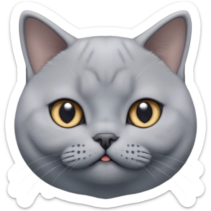 Cinematic Cute Grey British Shorthair Cat Portrait Emoji, Head tilted playfully and inquisitively, sleek soft grey fur with subtle blue undertones, Simplified yet adorable features, highly detailed, glowing with a warm, friendly glow, high shine, curious and affectionate, stylized with a touch of whimsy, bright and alert, soft glowing outline, capturing the essence of a calm yet playful kitten, so endearing it feels like it could leap out of the screen and cuddle! sticker