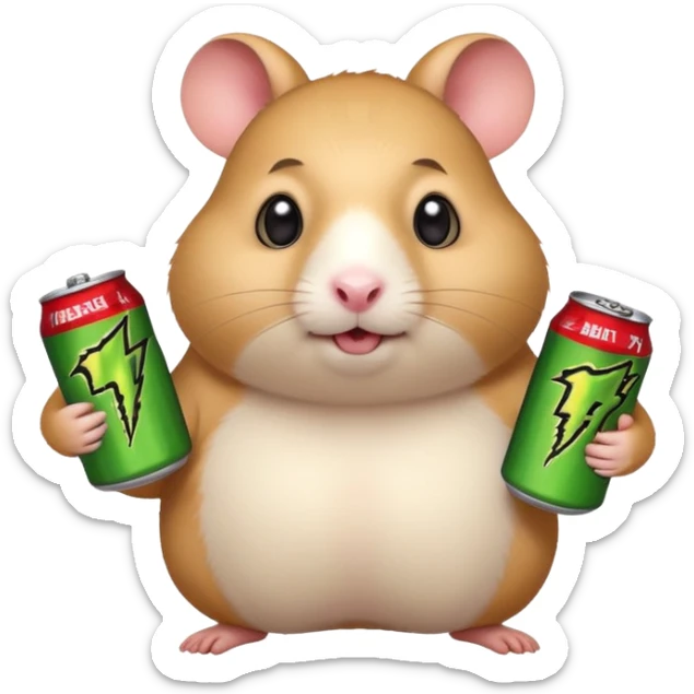 Funny cartoon-style fat hamster wide eyed like a crackhead holding a can of monster energy in one hand and redbull in the other hand sticker