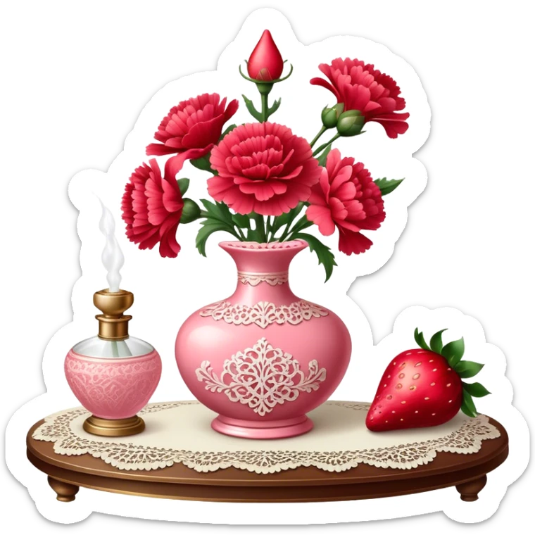 An ornate glass perfume bottle in Petal Pink with a vintage atomizer rests on an antique lace-covered table. Vibrant Strawberry Red carnations spill from a porcelain vase nearby, their fragrance mingling with the soft floral scent of the perfume.  sticker