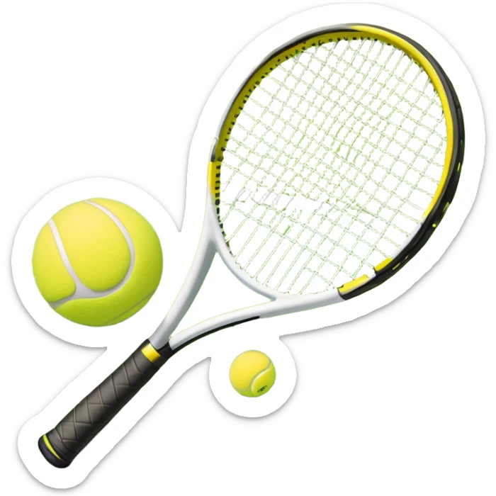 A tennis racket with a bright yellow tennis ball resting on it, set against the backdrop of a well-maintained tennis court. The scene emphasizes the smooth lines of the court and the focus on the ball and racket, symbolizing the elegance and precision of the sport sticker