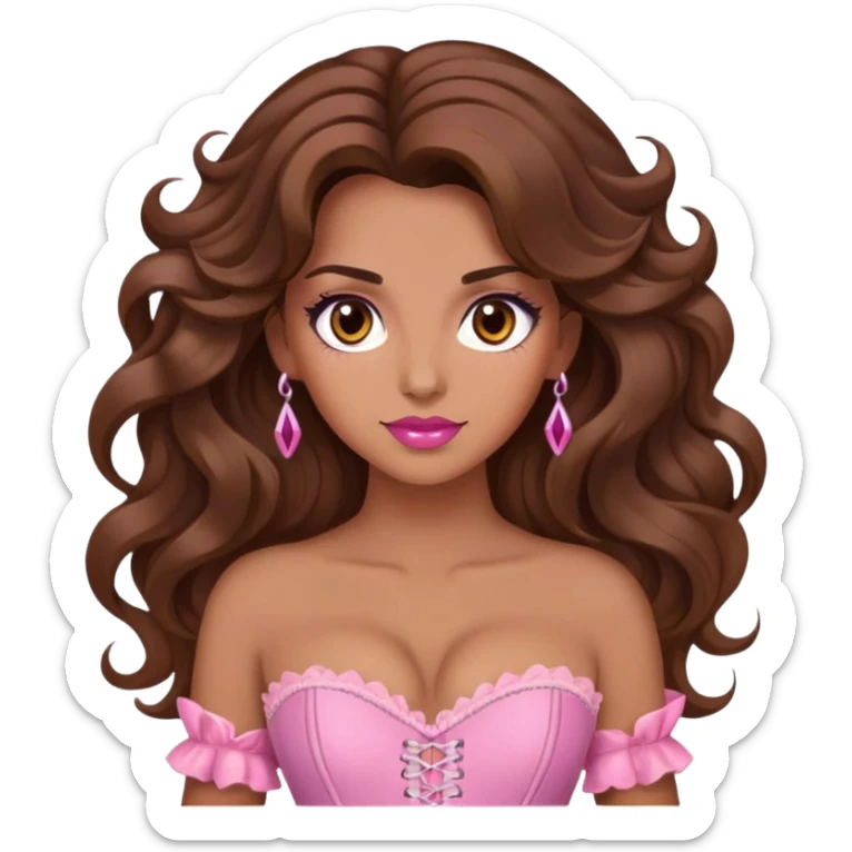 Une femme à la peau mat et aux cheveux long, châtain et ondulé. Elle a les yeux marron et elle est maquiller, elle porte un corset rose.  sticker