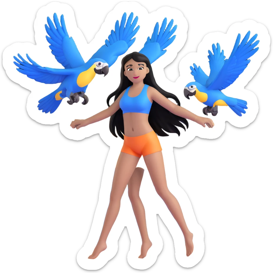 woman with long straight black hair, light brown skin, with blue macaws flying around her, and the three arches of Atalaia Beach (Aracaju-SE) in the background sticker