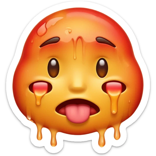 Apple-style emoji illustration of a melted, overheated face with sweat drops, half-closed exhausted eyes, tongue slightly out, warm orange and red tones, soft 3D emoji style, smooth gradients, rounded shapes, simple expression, centered composition, transparent background, no text. sticker