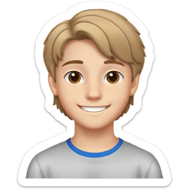 Teen boy with light complexion, brown curtain hair, middle part hairstyle, smiling face, 14 years old sticker