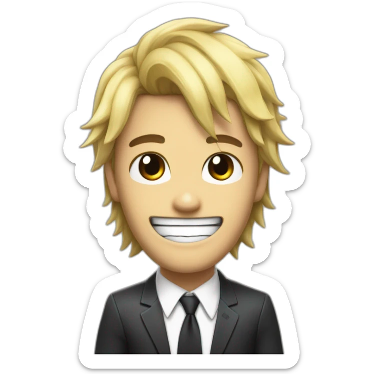 Denji with his blond hair in a shaggy style, brown eyes, with his shark teeth, is smiling evil and with a shirt with a black tie from chainsawman sticker