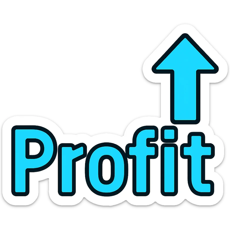text 'Profit ↑' in bold font, cyan blue color, lineal color icon with black outlines sticker