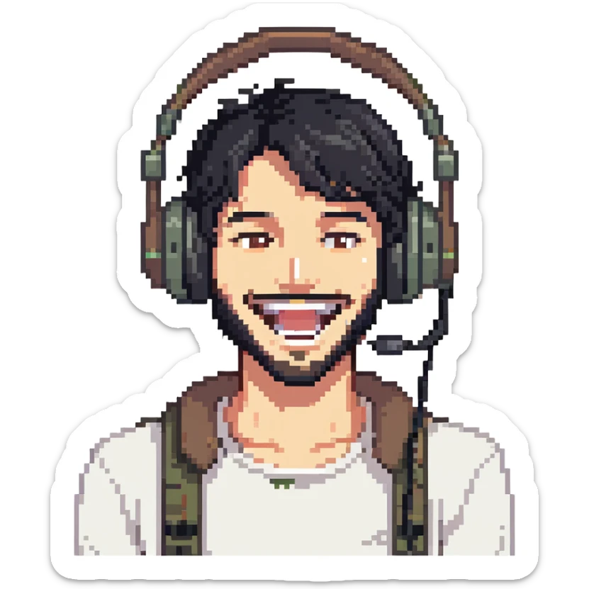 anime style laughing man with black hair, brown eyes, black beard wearing gaming headset sticker