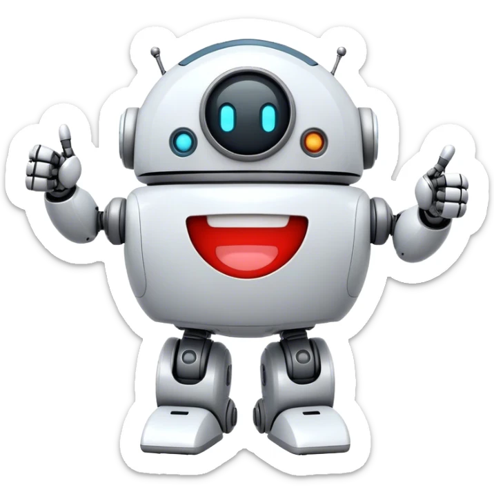 portal-style cute rounded robot with a big smile, giving a big thumbs-up sticker