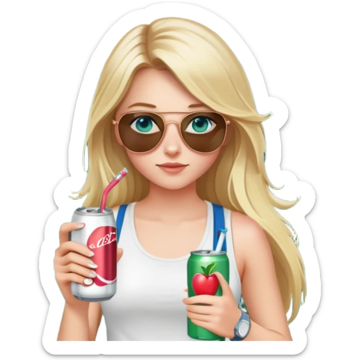 girl with long blond hair
with blue eyes
and aviator sunglasses
wearing white tank top 
holding one soda can without straw
wearing (rose gold apple watch with forest green band) sticker